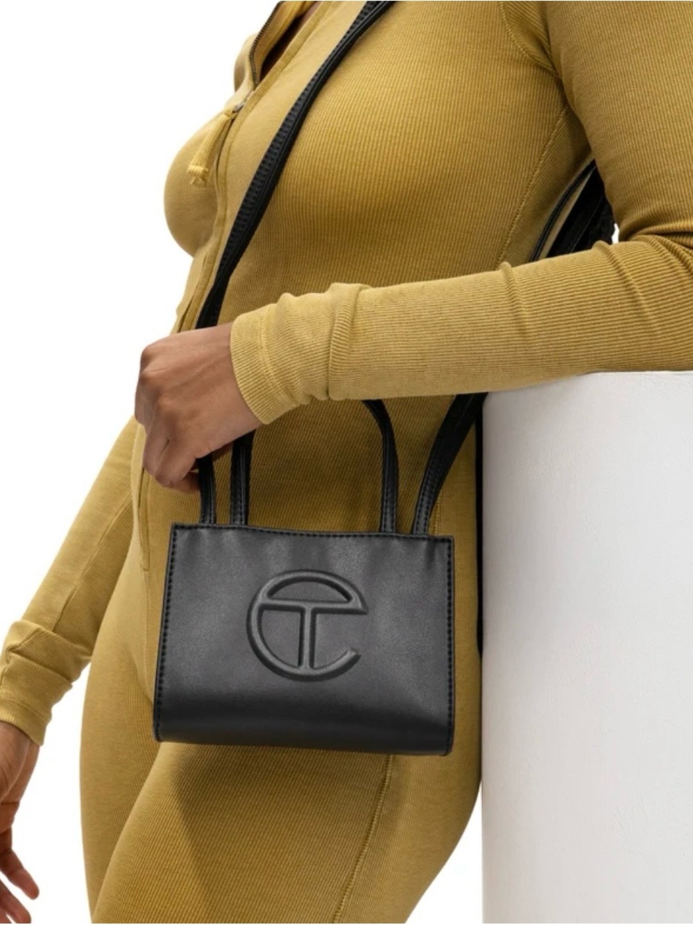 Tory Burch Black Leather Mini Tote with Embossed Logo Panel